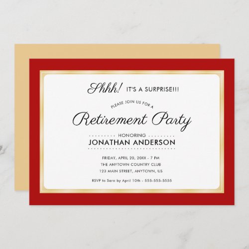 Surprise Retirement Party Horizontal Red  Gold Invitation