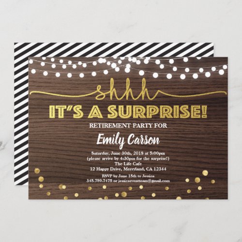 Surprise retirement party invitation wood and gold
