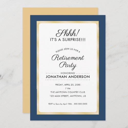 Surprise Retirement Party  Navy Blue and Gold Invitation