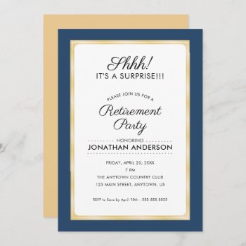 Surprise Retirement Party | Navy Blue And Gold Invitation by daisylin712 at Zazzle