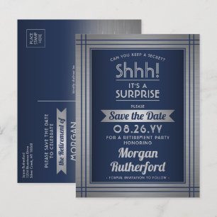 Surprise Retirement Party Navy Blue Save the Date Announcement Postcard