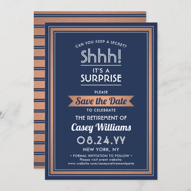 Surprise Retirement Party Navy Blue White & Copper Save The Date (Front/Back)