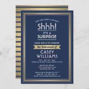 Surprise Retirement Party Navy Blue White Gold Invitation