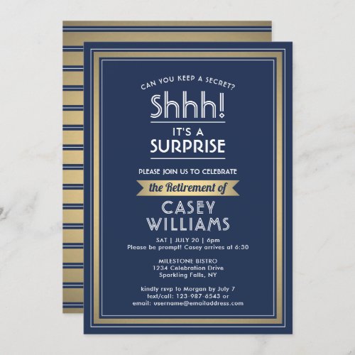 Surprise Retirement Party Navy Blue White Gold Invitation