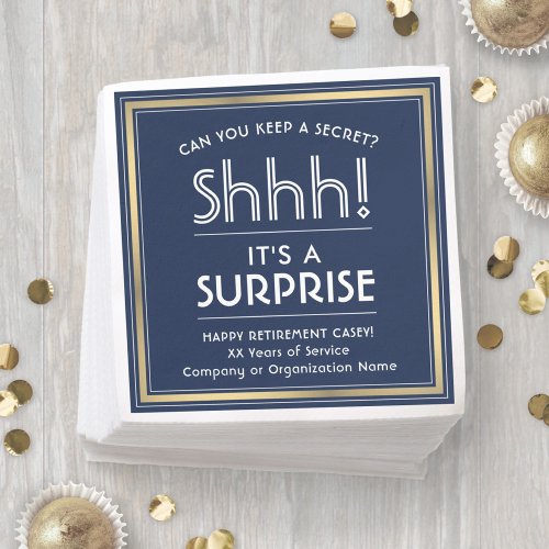 Surprise Retirement Party Navy Blue White  Gold Napkins