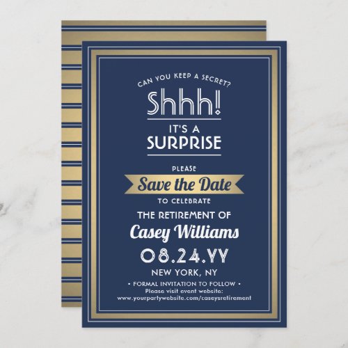 Surprise Retirement Party Navy Blue White Gold Save The Date