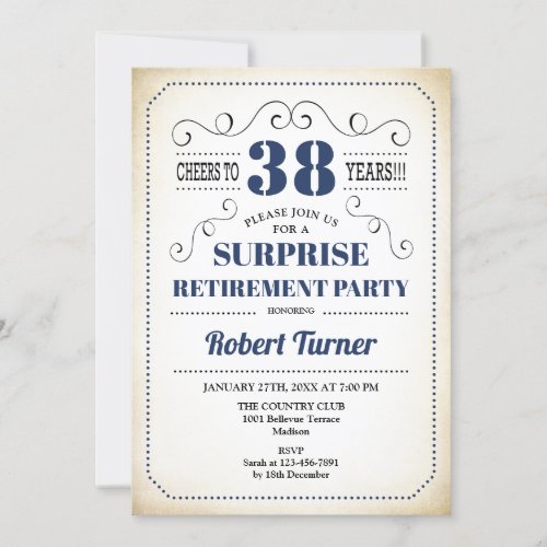 Surprise Retirement Party _ Navy Blue White Invitation