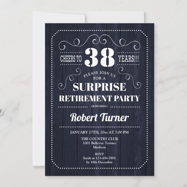 Surprise Retirement Party - Navy Blue Wood Pattern Invitation (Front)