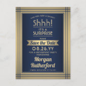 Surprise Retirement Party Navy Gold Save the Date Announcement Postcard (Front)