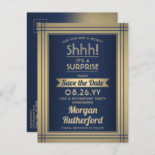 Surprise Retirement Party Navy Gold Save the Date Announcement Postcard