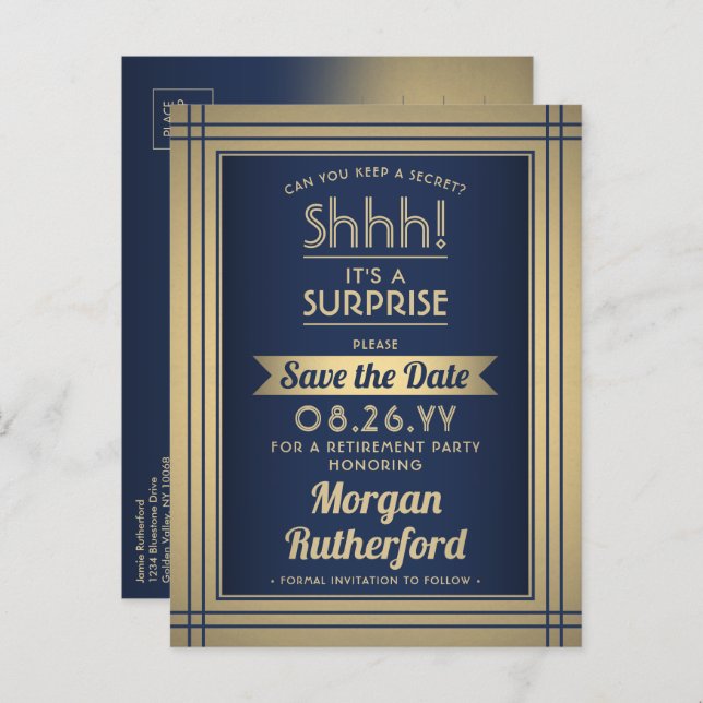 Surprise Retirement Party Navy Gold Save the Date Announcement Postcard (Front/Back)
