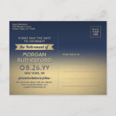 Surprise Retirement Party Navy Gold Save the Date Announcement Postcard (Back)