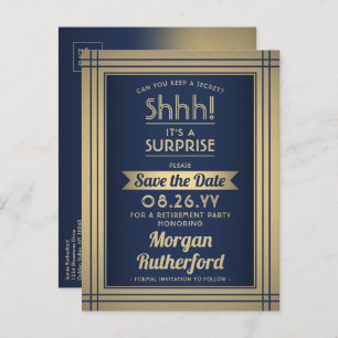 Surprise Retirement Party Navy Gold Save the Date Announcement Postcard