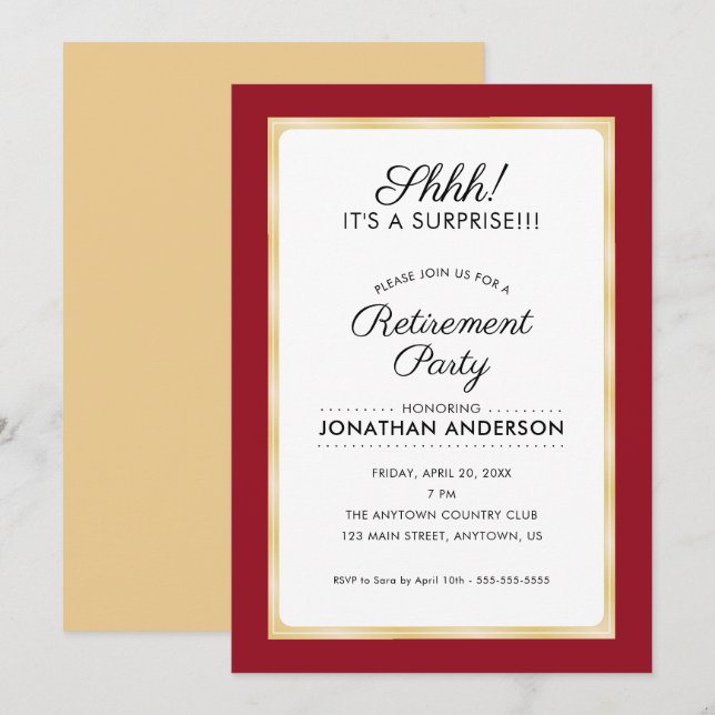 Surprise Retirement Party | Red and Gold Invitation (Front/Back)