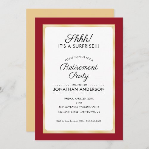 Surprise Retirement Party  Red and Gold Invitation
