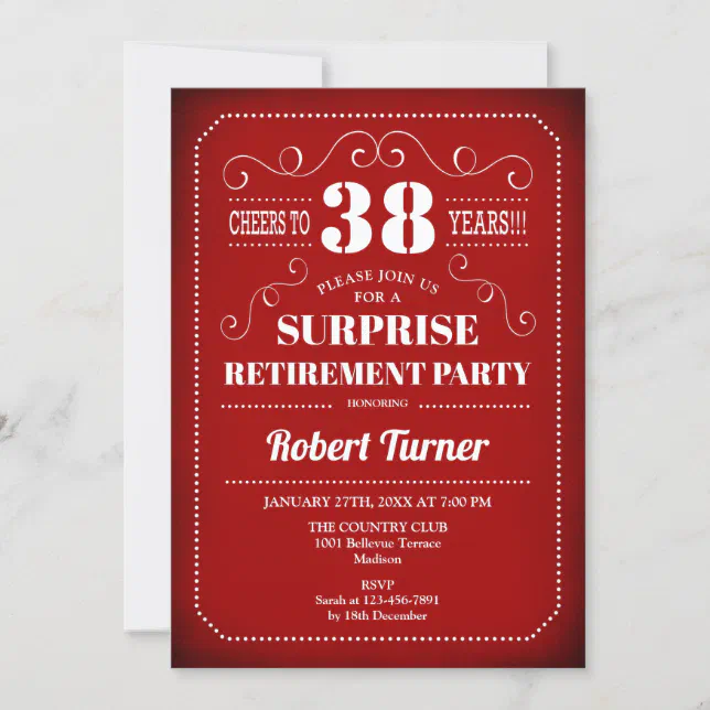 Surprise Retirement Party - Red & White Invitation | Zazzle