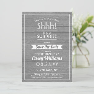 Surprise Retirement Party Rustic Grey Faux Wood Save The Date