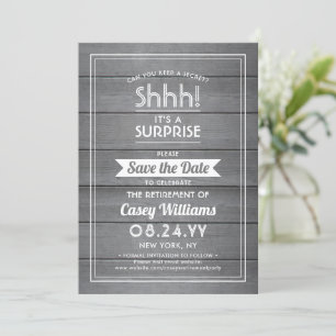 Surprise Retirement Party Rustic Grey Faux Wood Save The Date