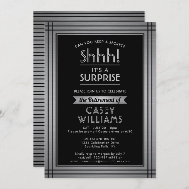 Surprise Retirement Party Shhh! Elegant Black Invitation (Front/Back)