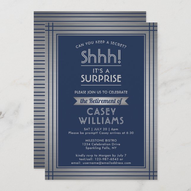 Surprise Retirement Party Shhh! Elegant Navy Blue Invitation (Front/Back)