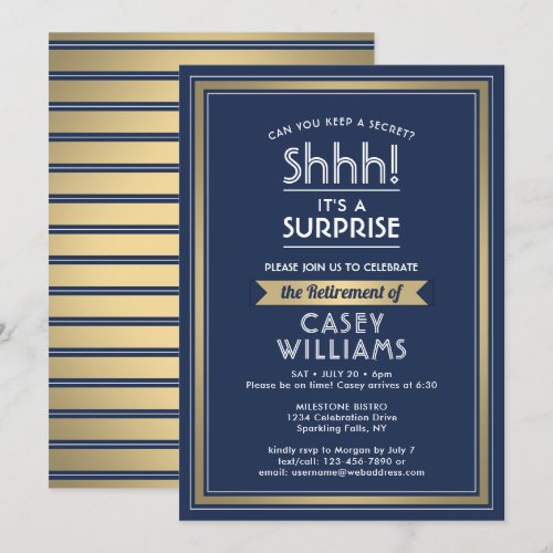 Surprise Retirement Party Shhh! Navy Blue & Gold