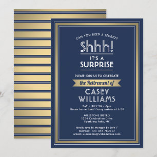 Surprise Retirement Party Shhh! Navy Blue & Gold Invitation