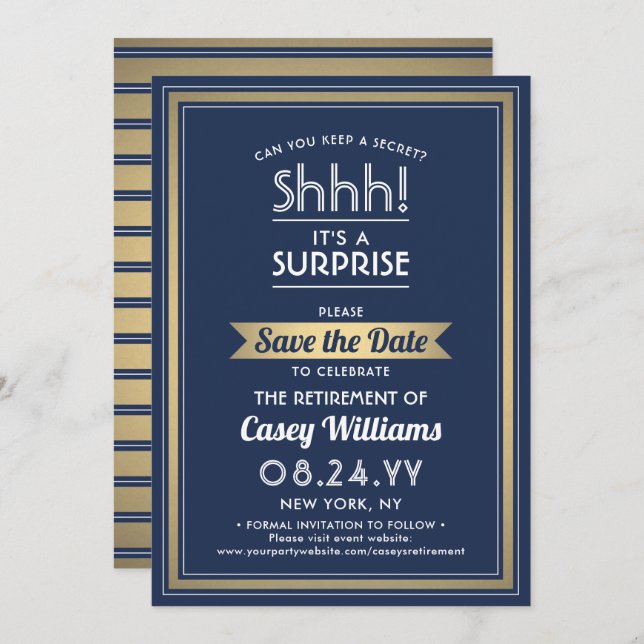 Surprise Retirement Party Shhh! Navy Blue & Gold Save The Date (Front/Back)