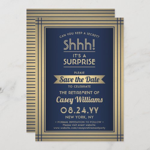 Surprise Retirement Party Shhh Navy Blue  Gold Save The Date