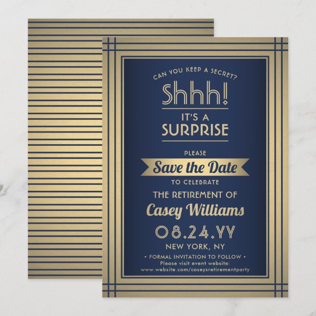 Surprise Retirement Party Shhh! Navy Blue & Gold Save The Date (Front/Back)