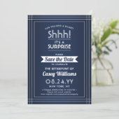 Surprise Retirement Party Shhh! Navy Blue & White Save The Date (Standing Front)