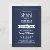 Surprise Retirement Party Shhh! Navy Blue & White Save The Date (Front)