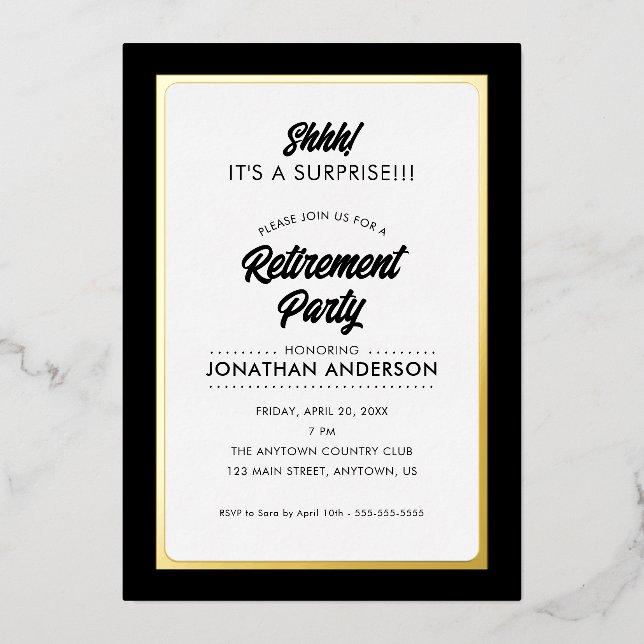 Surprise Retirement Party Simple Gold Foil Invitat Invitation (Front)