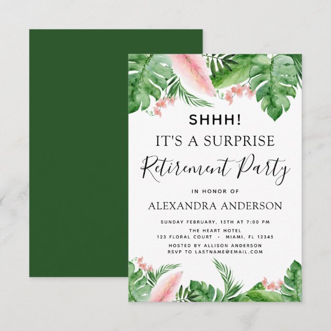 Surprise Retirement Party Tropical Palm Floral Invitation (Front/Back)