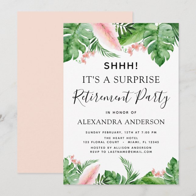 Surprise Retirement Party Tropical Palm Floral Invitation (Front/Back)