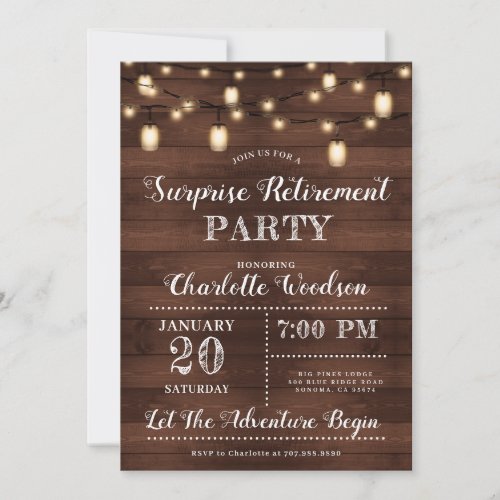 Surprise Retirement Rustic Wood String Lights Invitation