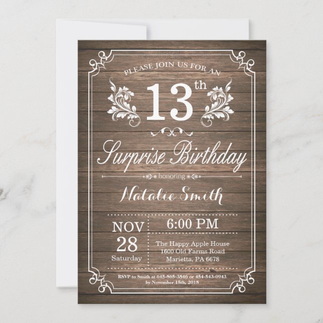 Surprise Rustic 13th Birthday Invitation Floral (Front)