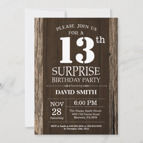 Surprise Rustic 13th Birthday Invitation Vintage