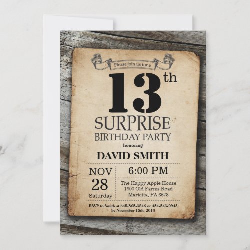Surprise Rustic 13th Birthday Invitation Vintage