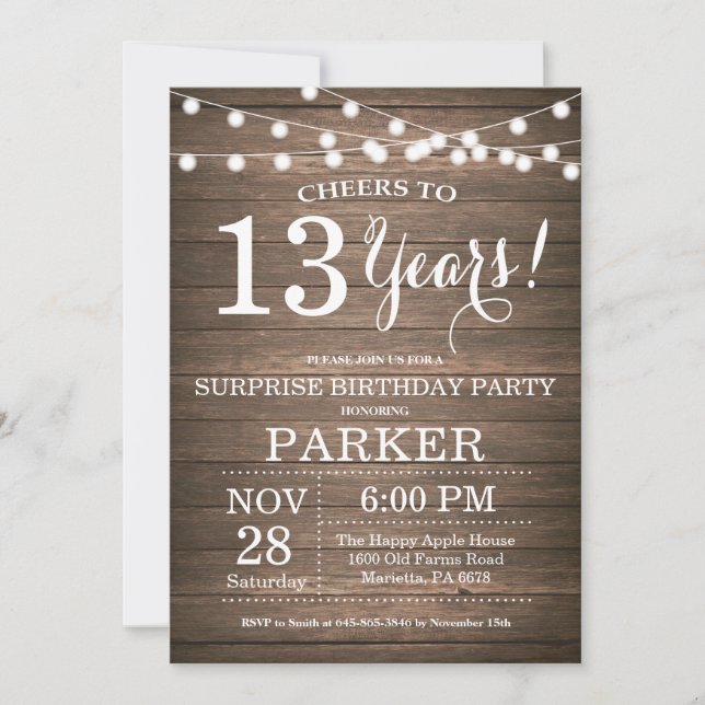 Surprise Rustic 13th Birthday Invitation Wood (Front)