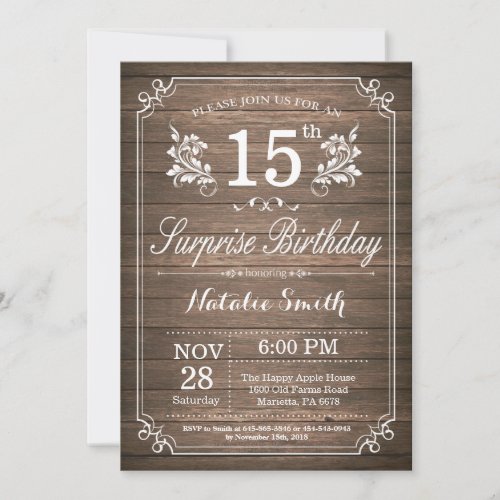 Surprise Rustic 15th Birthday Invitation Floral