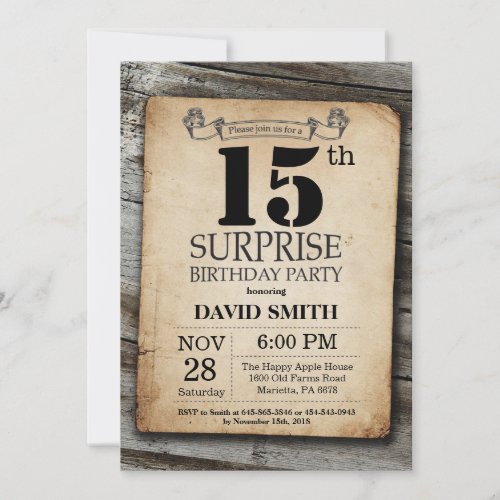 Surprise Rustic 15th Birthday Invitation Vintage