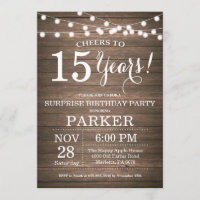 Surprise Rustic 15th Birthday Invitation Wood