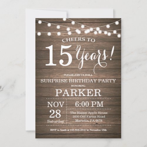 Surprise Rustic 15th Birthday Invitation Wood