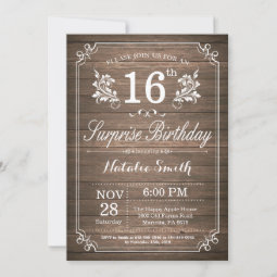 Surprise Rustic 16th Birthday Invitation Floral | Zazzle