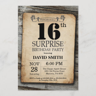 Surprise Rustic 16th Birthday Invitation Vintage