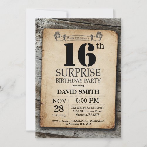 Surprise Rustic 16th Birthday Invitation Vintage