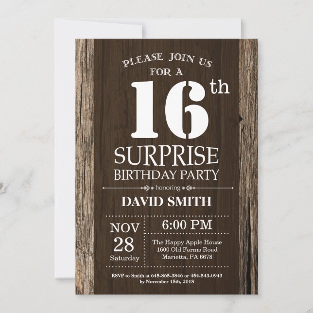Surprise Rustic 16th Birthday Invitation Vintage (Front)