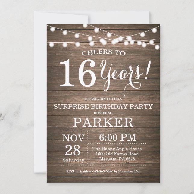 Surprise Rustic 16th Birthday Invitation Wood (Front)