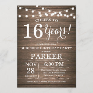 Surprise Rustic 16th Birthday Invitation Wood