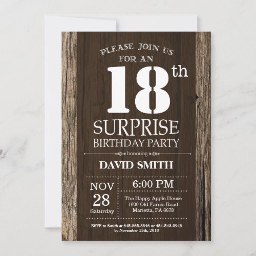 Surprise Rustic 18th Birthday Invitation Vintage